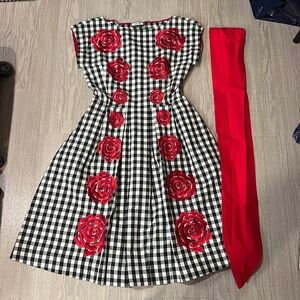 Moschino 30 years collection checkered dress with rose embroidery and red sash
